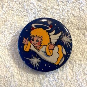 Vintage Collectible Cartoon Style angel pin 1980's Round Holiday Pinback